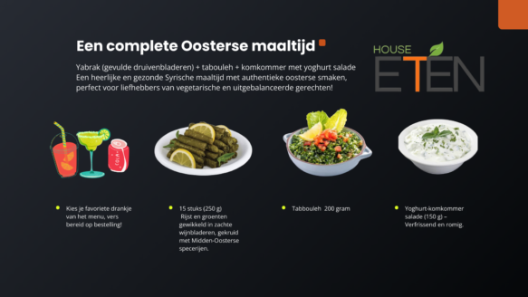 Yabrak (gevulde druivenbladeren) + tabouleh + komkommer met yoghurt salade